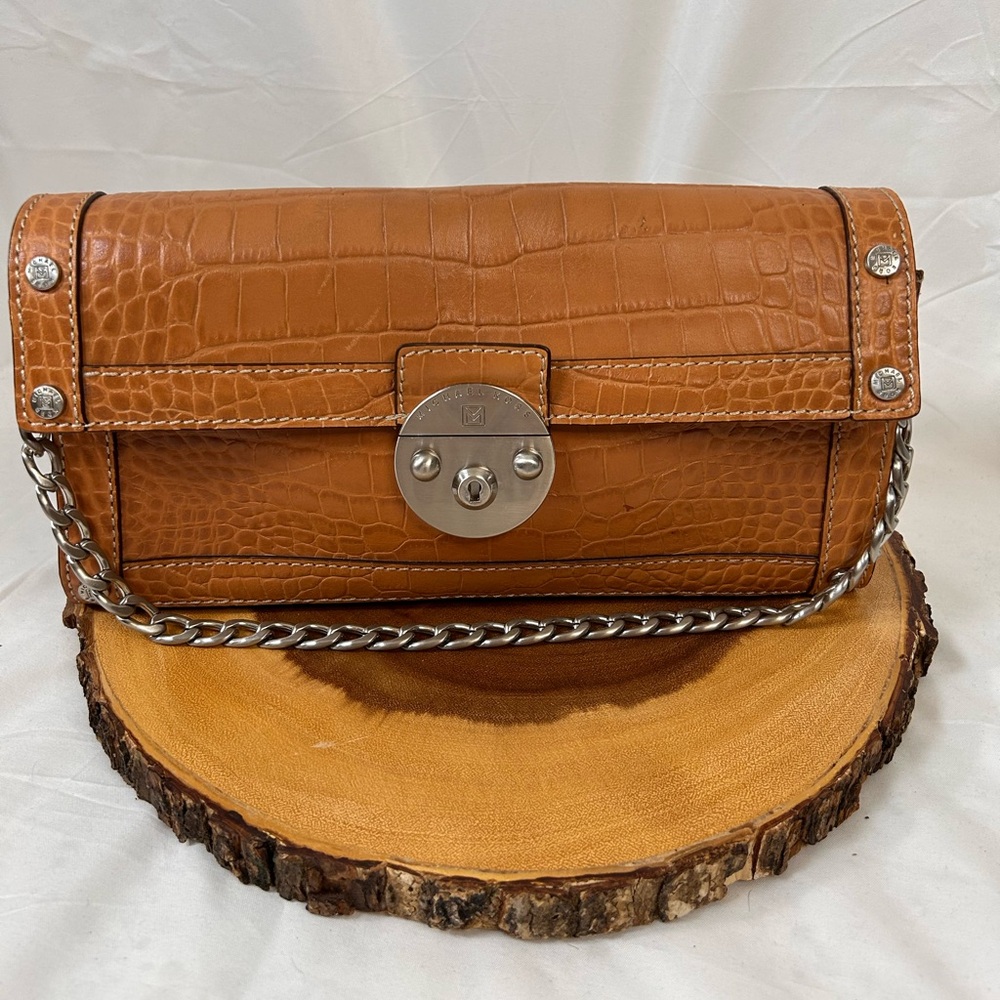 Cognac Croc-Embossed Leather Shoulder Bag with Silver Chain